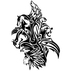 Silhouette of an Indian, eagle, bull, horse, bear, wolf and panther. Design suitable for logo, decor, paintings, wildlife sanctuary, emblem, symbol, modern tattoo, t-shirt prints. Isolated vector