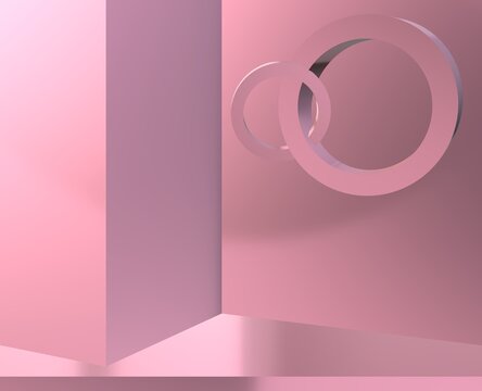Minimal abstract background with geometric shape. Pink pastel color room interior design. Elegant, beautiful render studio with attractive elements. 3d rendering. 3d illustration.