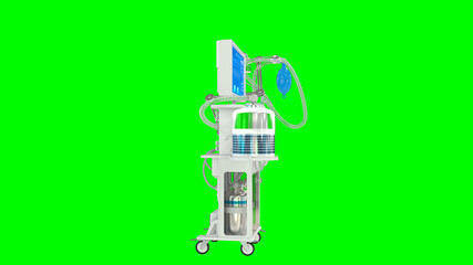 medical 3d illustration, ICU medical ventilator rendered isolated on green