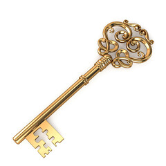 Golden key on a white background. 3D illustration.