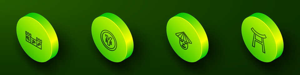 Set Isometric line Great wall of China, Chinese Yuan currency, man and Japan Gate icon. Vector