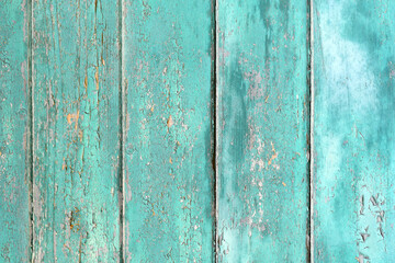 Wooden planks background with teal blue colored old weathered planks with chipped paint