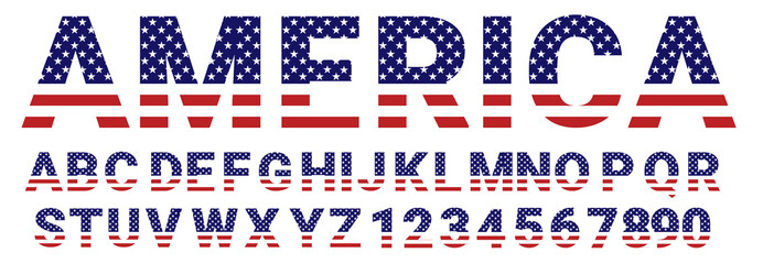 USA National Flag stylized flat Font. Alphabet and Numbers in Vector Set.  usa flag font a to z. Alphabet and Numbers usa flag. usa, us, united states of america Alphabet and Number.