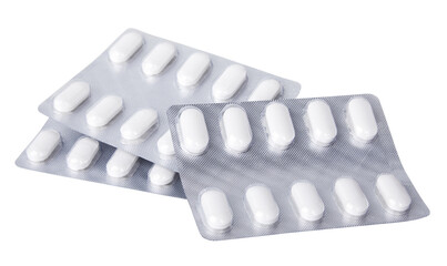 White medical pills in blister pack isolated on white background with clipping path