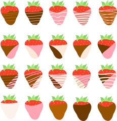 Vector set of chocolate covered strawberries. Berries in white, milk, black and strawberry chocolate.
