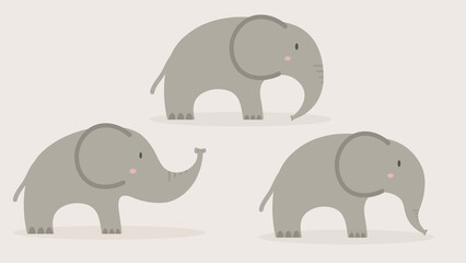 Set of three elephants on a light gray background