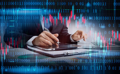 business finance technology and investment concept. Stock Market Investments Funds and Digital...