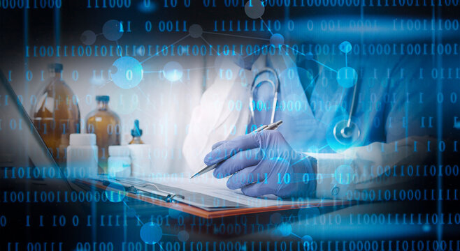 Medical technology network team meeting concept. Doctor hand working smart phone modern digital tablet laptop computer graphics chart interface, sun flare effect photo