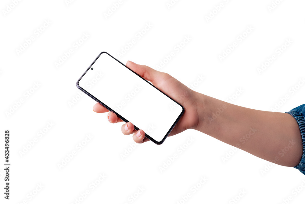 Poster softly retouched hand shows a smart phone with an isolated screen and background. modern phone with 
