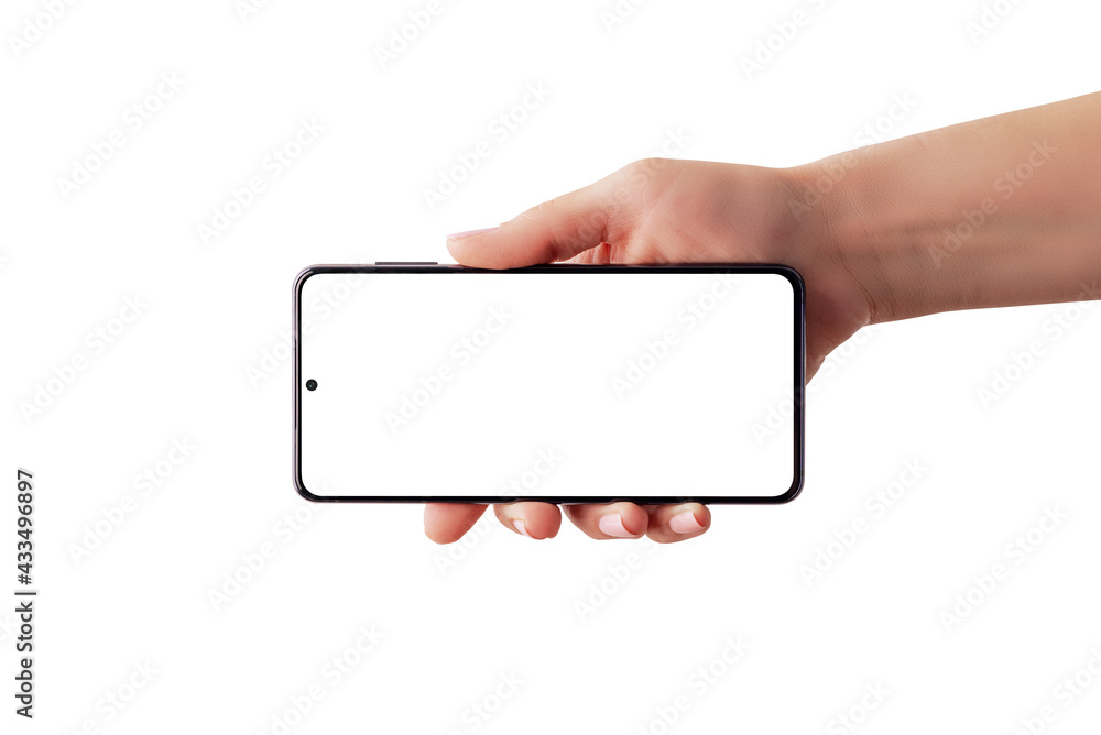 Poster isolated smart phone in woman hand in horizontal position. app or web page desing presentation conce