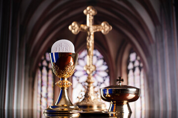 First Holy Communion. Catholic religion theme. Crucifix, the Croass and Golden chalice and wafer on the altar.