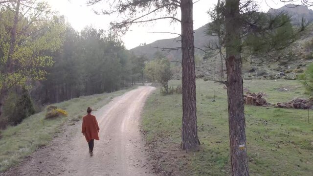 white woman on her back with orange jacket, walking alone on a path in the middle of the forest, views from the air watching her walk along the path.