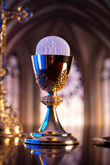 First Holy Communion. Catholic religion theme. Crucifix, the Croass and Golden chalice and wafer on the altar. - obrazy, fototapety, plakaty