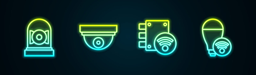 Set line Ringing alarm bell, Motion sensor, Digital door lock and Smart light bulb. Glowing neon icon. Vector