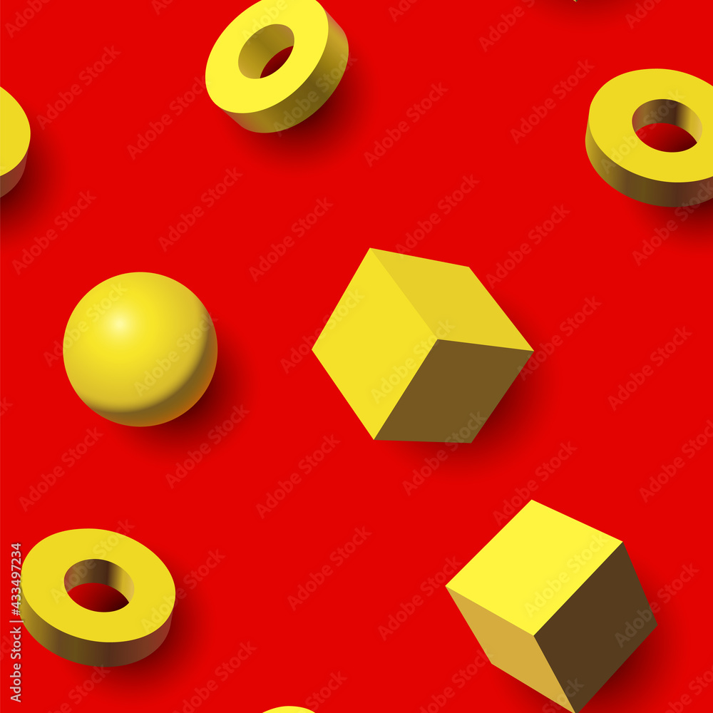 Poster seamless pattern with golden 3d shapes flying over aqua menthe green backdrop, abstract background f