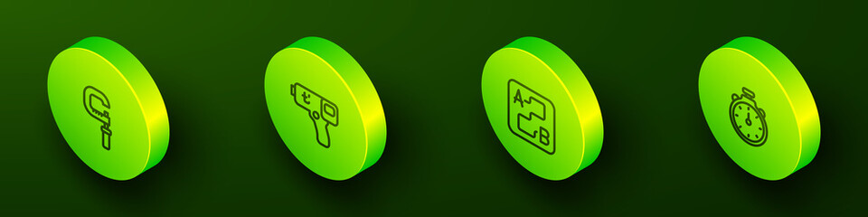 Set Isometric line Micrometer, Digital thermometer, Route location and Stopwatch icon. Vector