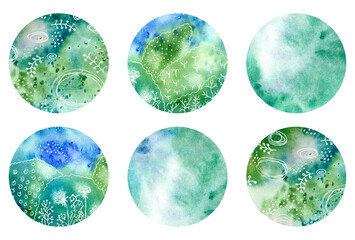 Set of 6 templates for networks Story Highlights Covers Icons. Watercolor hand-drawn rounds for social media stories for bloggers. Green, blue colors, white liner. Fairy forest