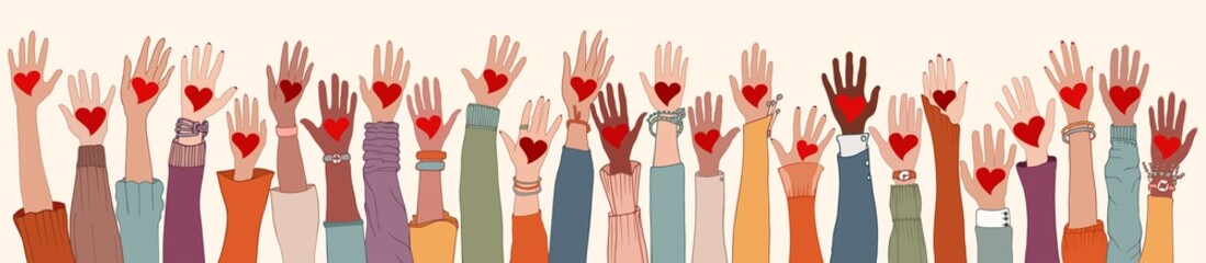 Large Group of diverse people with heart in hand. Arms and hands raised. Charity donation and volunteer work. Support and assistance. People diversity. Multicultural community. Teamwork