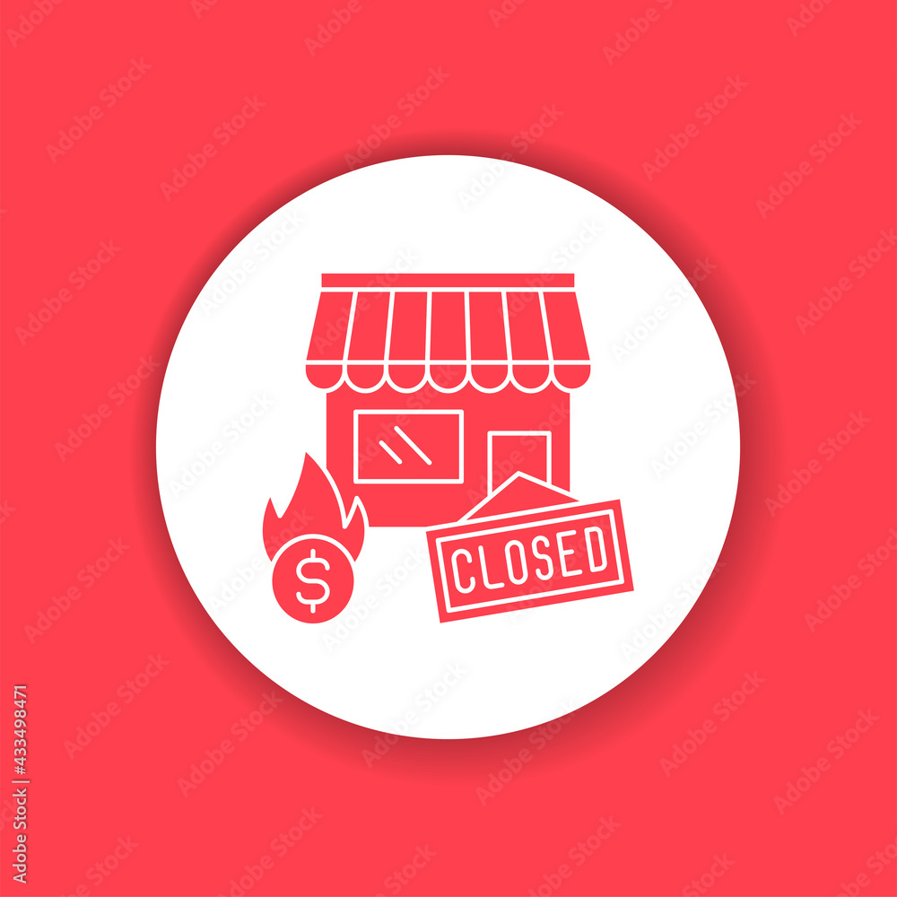 Poster building closing color icon. collapse business. economic risis. markets plunging. sign for web page,