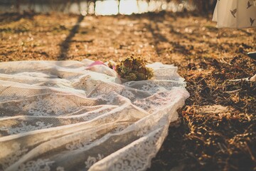 self wedding , bouquet, outdoor