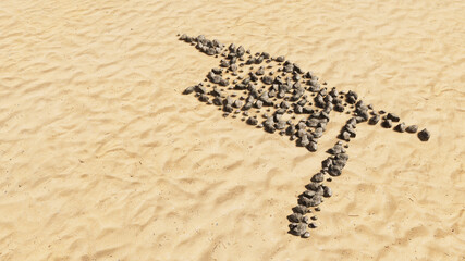 Concept conceptual stones on beach sand handmade symbol shape, golden sandy background, a graduate cap sign. A 3d illustration metaphor for academic achievement, success,  a future professional career