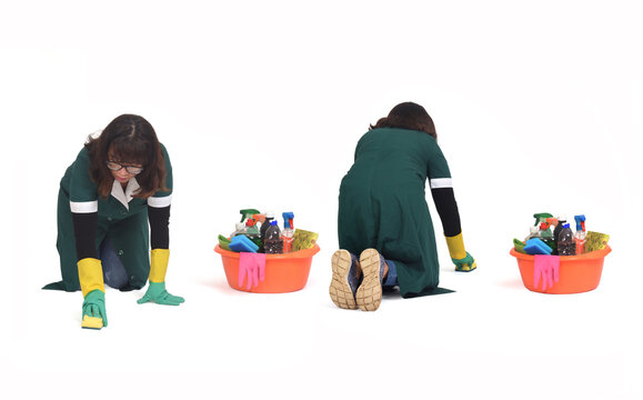front and back view of a same Woman scrubbing the floor on her knees isolated on white