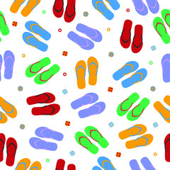 Bright multicolored seamless pattern of beach flip flops in red green blue purple and orange. Vector illustration.