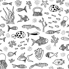 Seamless pattern with sea animals - fishes and jellyfish, seaweed, coral, starfish. Vector doodle background. Perfect for printing on the fabric, design package and cover