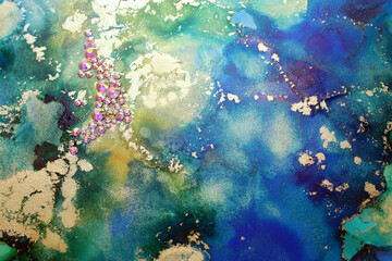 Fototapeta na wymiar art photography of abstract fluid art painting with alcohol ink blue, green, gold colors and crystal rhinestones