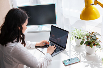 woman freelancer working on laptop white screen copy space