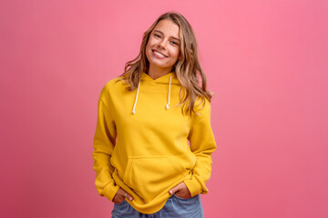young pretty blonde woman cute face expression posing in yellow hoodie - Powered by Adobe