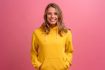 young pretty blonde woman cute face expression posing in yellow hoodie