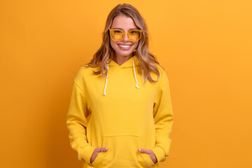 young pretty blonde woman cute face expression posing in yellow hoodie
