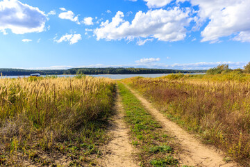 Fototapeta na wymiar Rural road to Chancza lake in beautiful countryside landscape, Poland