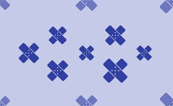 Seamless pattern of large isolated blue adhesive plaster symbols. The pattern is divided by a line of elements of lighter tones. Vector illustration on light blue background