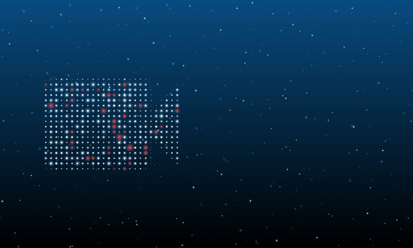 On the left is the video camera symbol filled with white dots. Background pattern from dots and circles of different shades. Vector illustration on blue background with stars