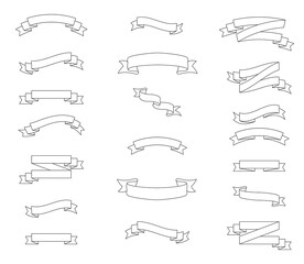 Set of ribbons isolated in outline style. Vector illustration design elements for promotion and announcement with copy space. Decorative template.