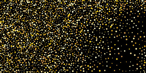 Golden point confetti on a black background. Illustration of a drop of shiny particles. Decorative element. Element of design. Vector illustration, EPS 10.