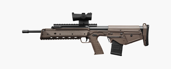 A modern automatic bullpup carbine with a telescopic sight. Weapons for defense and attack. Arming the police, special units and the army. Isolate on a white backg