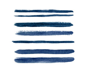 Abstract Navy Blue Watercolor painted Stripes. Long dry Brush Strokes on white background. Dark Lines of different width set. Hand drawn Grunge Stains. Elements isolated for creative design