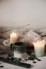 hygge atmosphere with candle and incens