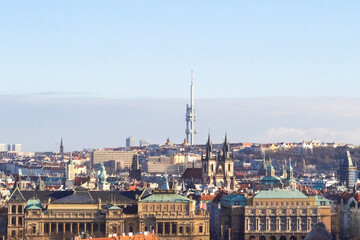 View of the Old Town area of Prague from a high point. View of the roofs of the building of the Old Place district. Prague, Czech Republic