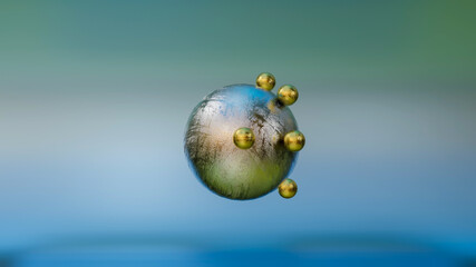 golden small balls on the surface of a silvery large sphere. abstract three-dimensional composition. 3d render illustration