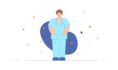 Nurse male illustration in flat style. Medical assistant with a stethoscope around his neck.