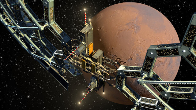 Honeycomb space station structure near Mars