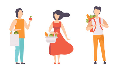 People Shopping for Fruit and Vegetables Set, Person Buying Healthy Food, Vegetarian Diet Concept Flat Vector Illustration
