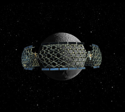 Honeycomb space station surrounding the Moon