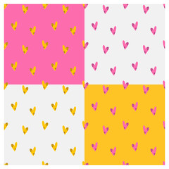 Vector set of seamless bright pattern with pink and yellow spotted hearts on a colored background. Bright illustration for postcards, posters, pajamas, fabrics, holidays