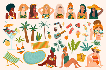 Vector set of summer illustrations. Cute women, tropical beach, holliday, vacation, travel. Design elements