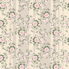 Seamless floral pattern drawn by paints on paper blooming branches of roses. Beautiful print for textile and design. 